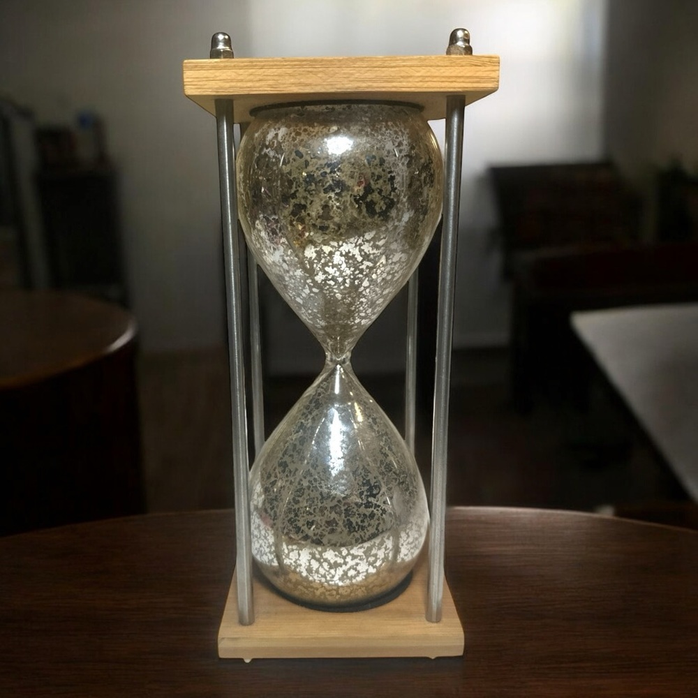 Vintage Decorative Hourglass Timer w/ Silver Mercury Glass Finish & Wooden Base - Picture 2 of 6